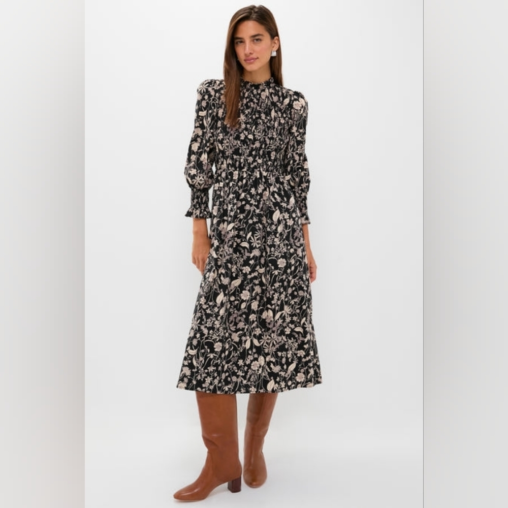 NWT Hyacinth House Black & Tan Floral Smocked Susanne Midi Dress Size XL